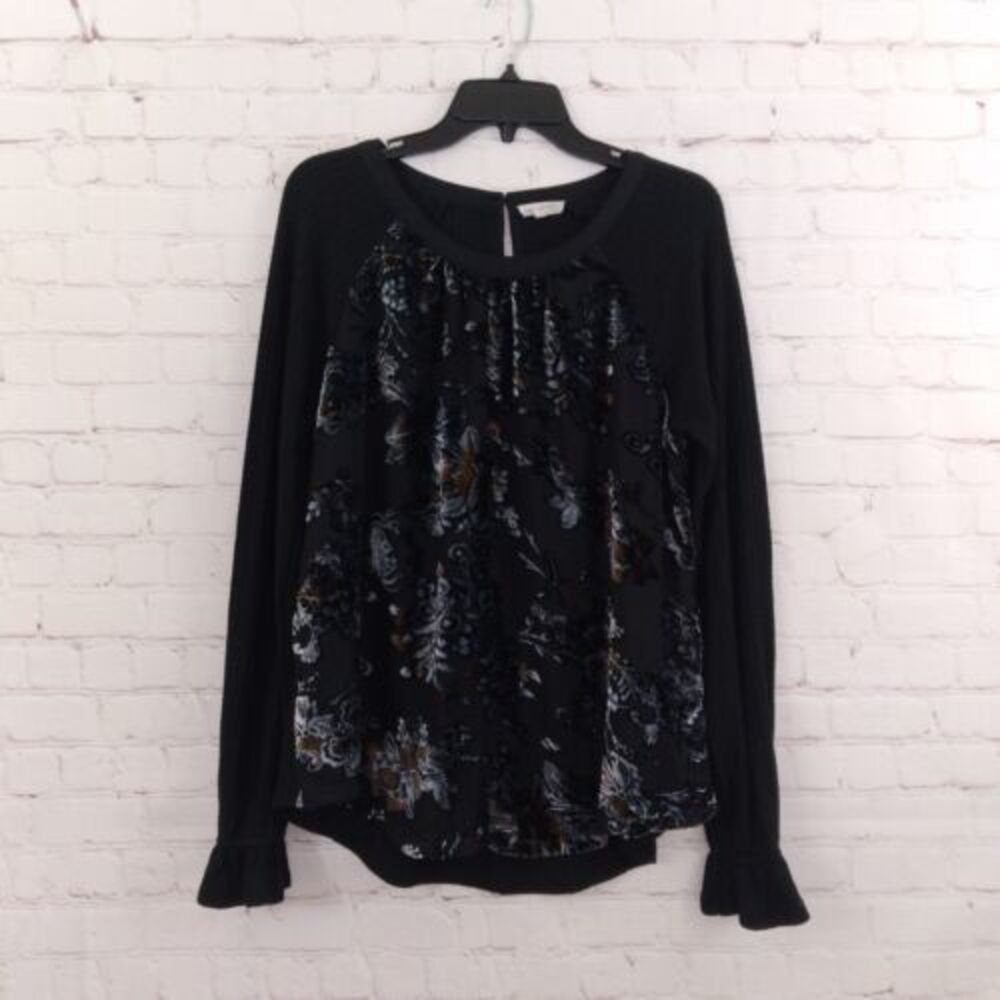 Mystree Top Womens Large Black Floral Burn Out Velvet Long Sleeve Lined Boho